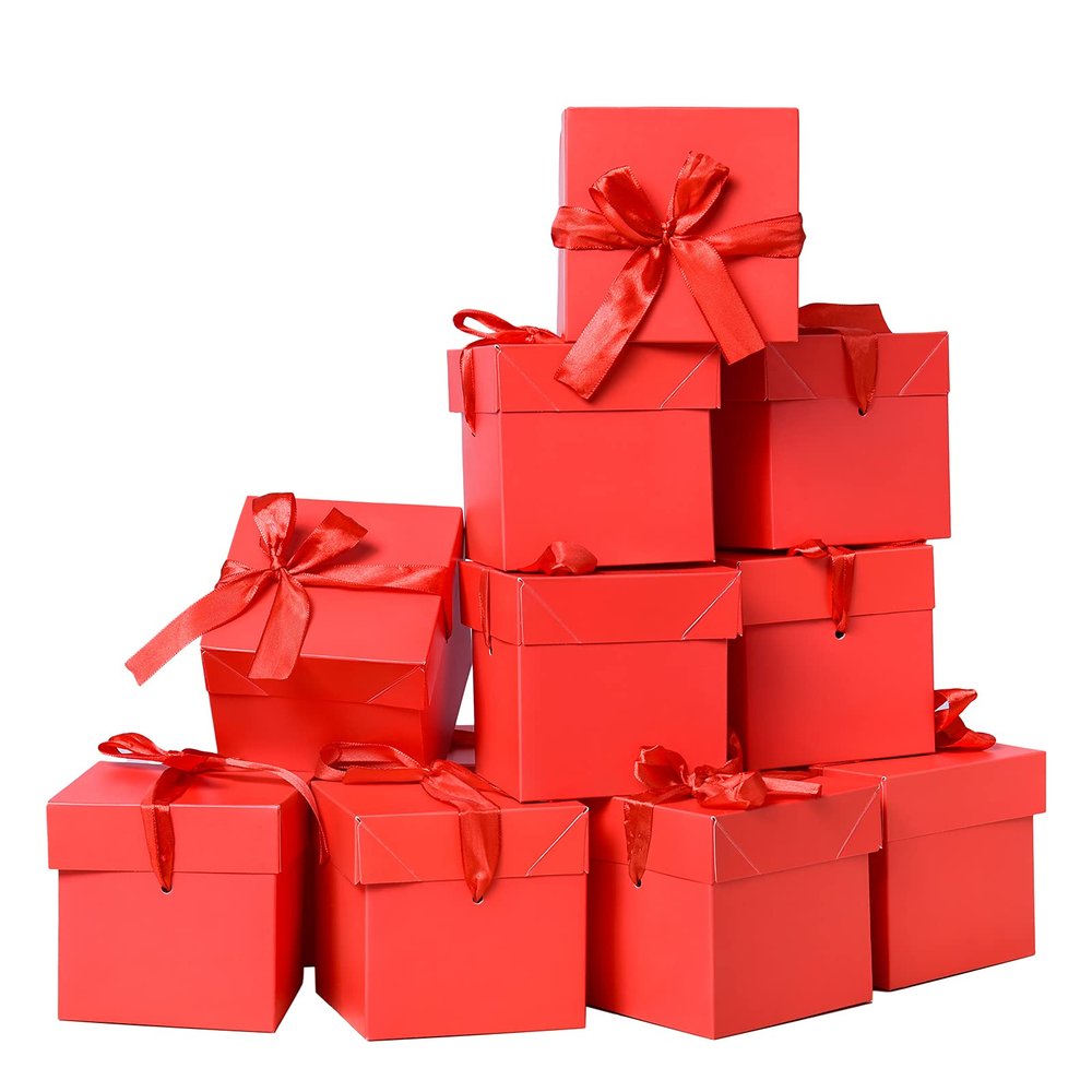 GP SUP 12 Pcs Squared Gift Boxes with Lids,Red Kraft Gift Boxes for Birthday, Christmas,AnniversaryValentine's Day (Red, 666)
