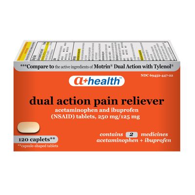 A+Health Dual Action, Acetaminophen 250mg and Ibuprofen 125mg Caplets, Pain Reliever, 120 Count, Contains 2 Medicines in 1 Caplet, Up to 8 Hours of Pain Relief