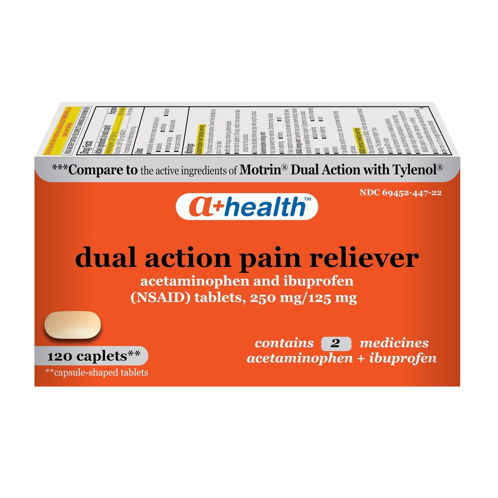 A+Health Dual Action, Acetaminophen 250mg and Ibuprofen 125mg Caplets, Pain Reliever, 120 Count, Contains 2 Medicines in 1 Caplet, Up to 8 Hours of Pain Relief