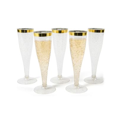 Prestee Set of 24 Plastic Champagne Flutes with Gold Rim - 4.5 oz - Shatterproof Disposable Glasses for Weddings, Cocktail Parties, and Outdoor Celebrations