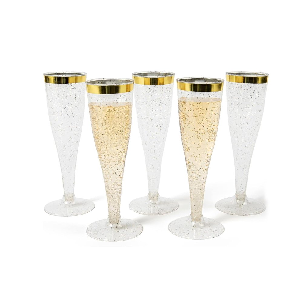 Prestee Set of 24 Plastic Champagne Flutes with Gold Rim - 4.5 oz - Shatterproof Disposable Glasses for Weddings, Cocktail Parties, and Outdoor Celebrations