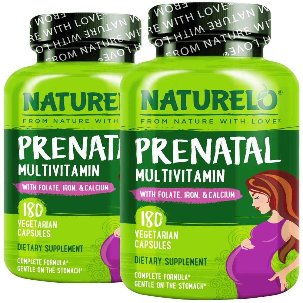 NATURELO Prenatal Multivitamin with Gentle Chelated Iron, Methyl Folate, Plant Calcium & Choline - Vegan, Vegetarian - Non-GMO - Gluten Free - 180 Capsules - 4 Month Supply (Pack of 2)