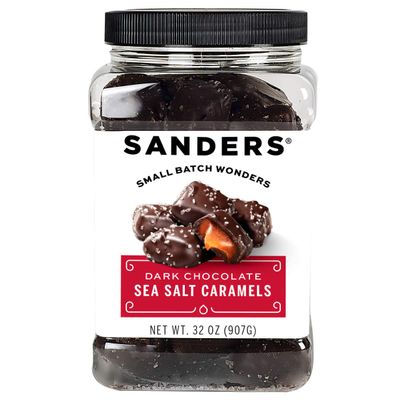 Sanders Dark Chocolate Sea Salt Caramels (32 oz Tub) Handcrafted Small Batch Slow Cooked Caramel, Sea Salt Dark Chocolate with Rich Indulgent Flavor, Sweet & Salty