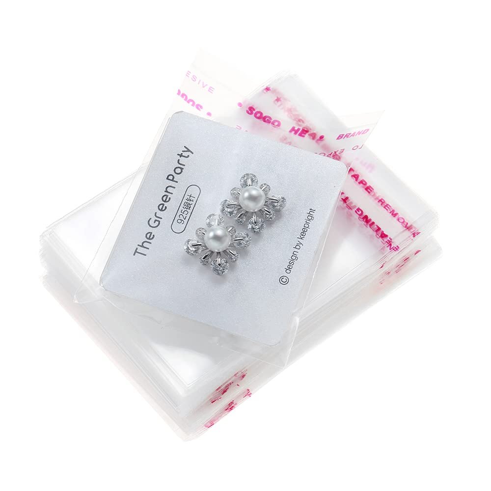 200 Pack 2" x 2" Thick Small Clear Resealable Self Seal Cellophane Plastic Bags Adhesive Cello Poly Bag For Packaging Jewelry Bead Necklace Ring Gift