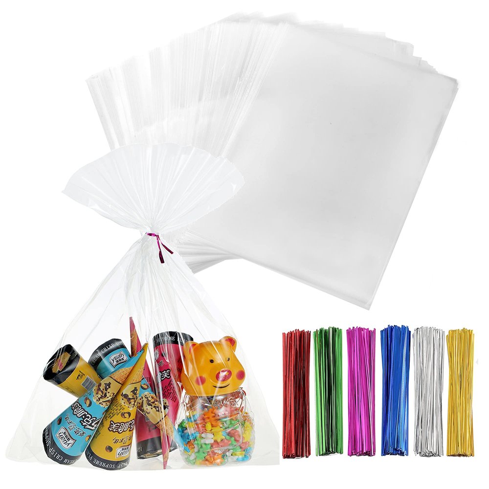 Macoota 100 Pcs 11" x 14" Clear Thick Cello Treat Bags Flat Cellophane Bags With 6 Colors Twist Ties Packaging Wrapping Cookies Candies Dessert Gift Cellophane Bags