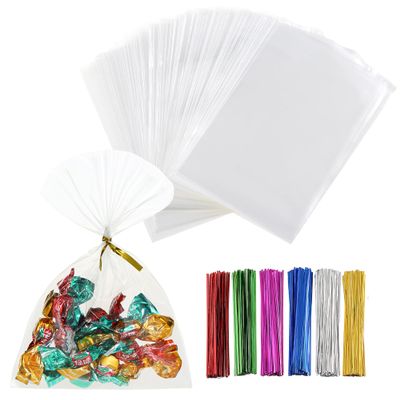 Macoota 200 Pcs 5" x 7" Clear Thick Cello Treat Bags Flat Cellophane Bags With 6 Colors Twist Ties Packaging Wrapping Cookies Candies Dessert Gift Cellophane Bag