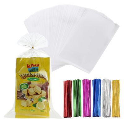 Macoota 200 Pcs 7" x 12" Clear Thick Cello Treat Bags Flat Cellophane Bags With 6 Colors Twist Ties Packaging Wrapping Cookies Candies Dessert Gift Cellophane Bags