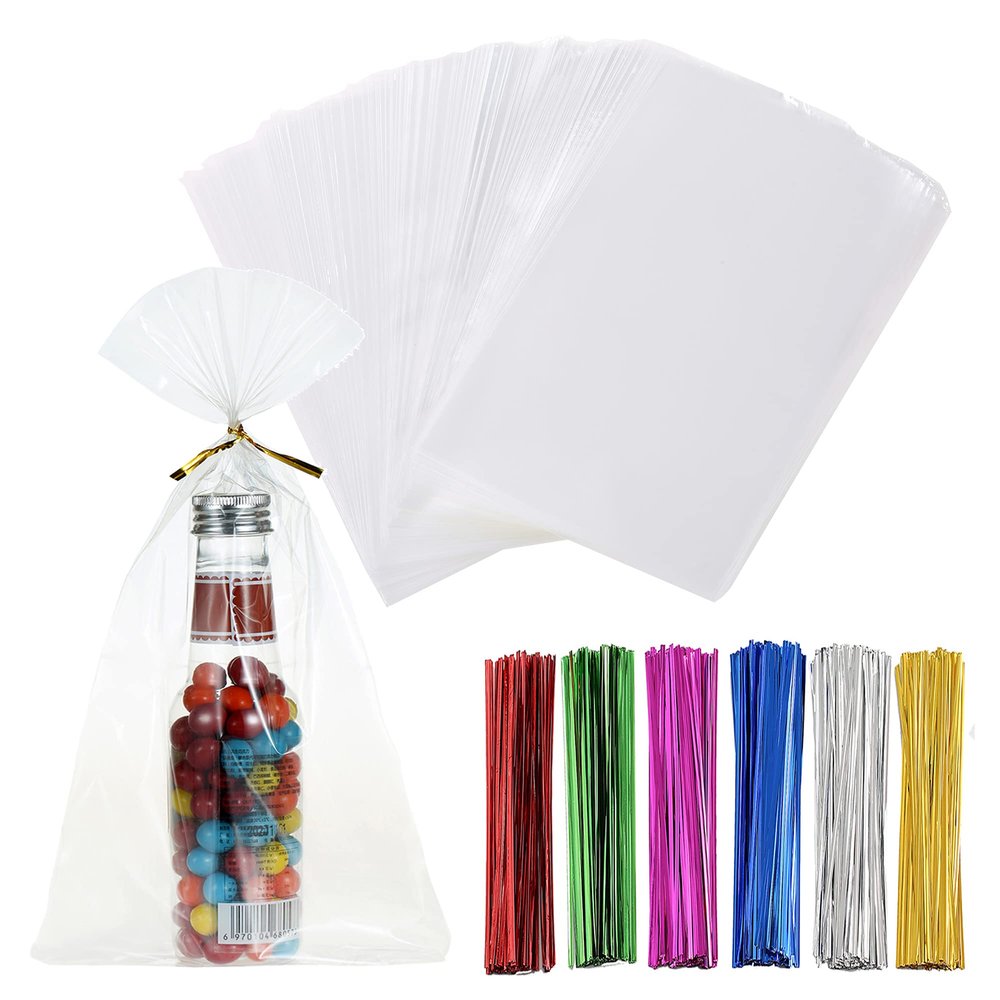 Macoota 200 Pcs 6" x 9" Clear Thick Cello Treat Bags Flat Cellophane Bags With 6 Colors Twist Ties Packaging Wrapping Cookies Candies Dessert Gift Cellophane Bag