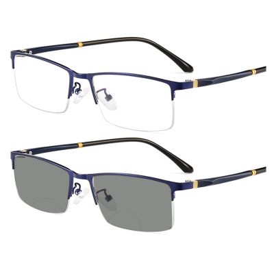 Metal Reading Glasses Bifocal Photochromic Protect Presbyopic Glasses,Business Casual Ultra-light Half Frame Men (blue, 0)