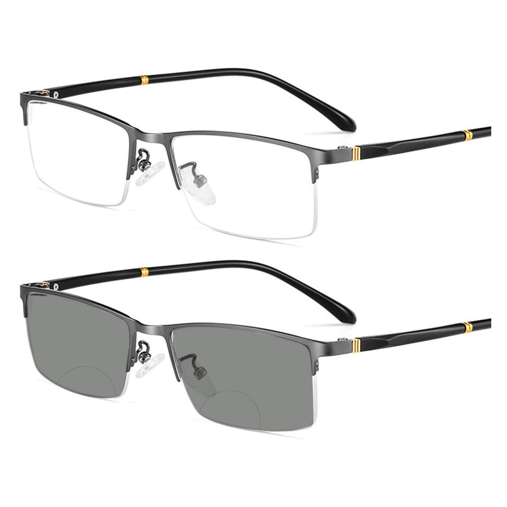 Metal Reading Glasses Bifocal Photochromic Protect Presbyopic Glasses,Business Casual Ultra-light Half Frame Men (gun, 2.75)