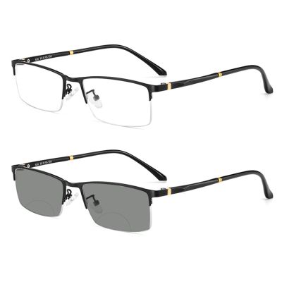 Metal Reading Glasses Bifocal Photochromic Protect Presbyopic Glasses,Business Casual Ultra-light Half Frame Men (black, 2.0)