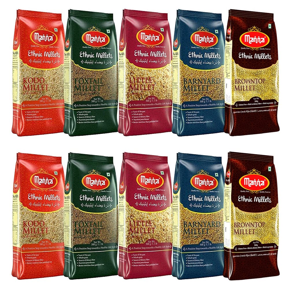 Manna Millets 5Kg Combo Pack of 10 Natural Grains Browntop 1kg, Little 1kg, Kodo 1kg, Foxtail 1kg, Barnyard 1kg