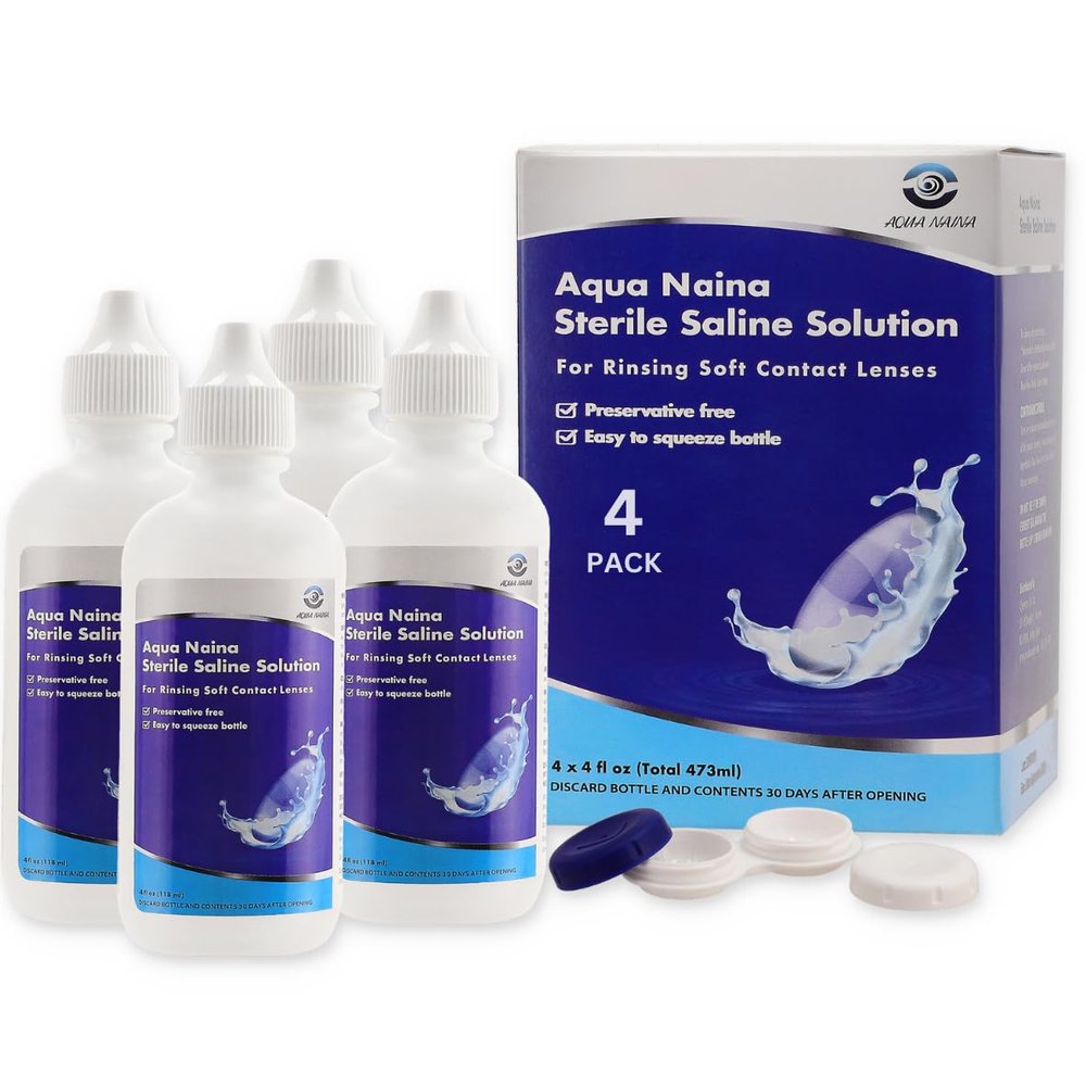 Oculus Curae Aqua Naina Saline Solution Preservative-Free Sterile Rinse for Soft, Hard & Gas Permeable Contact Lenses Unisol 4 Alternative Travel-Friendly 4X 4 fl oz Bottles