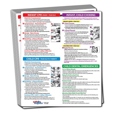 Safety Magnets by ZOCO  Infant and Child First Aid Magnet (10-Pack)  CPR Choking Poison Control Burns Dental Emergency Chart  Laminated 8.5x11 Magnetic Quick Reference Card for Fridge