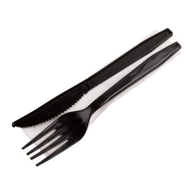 AmerCareRoyal 3-in-1 Disposable Silverware Medium Heavy Weight Plastic Utensil Set with Fork, Knife and 13x17 inch Napkin - Individually Wrapped Cutlery Meal Kit, Black, Case of 500