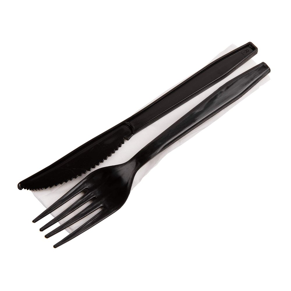 AmerCareRoyal 3-in-1 Disposable Silverware Medium Heavy Weight Plastic Utensil Set with Fork, Knife and 13x17 inch Napkin - Individually Wrapped Cutlery Meal Kit, Black, Case of 500