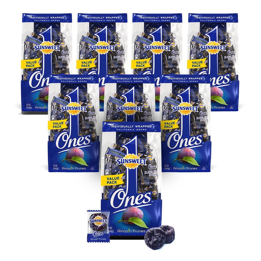 Sunsweet Amazin' Prunes Ones - Prunes Pitted Unsweetened & Dried - Gluten Free, Vegan, Low Fat - Fiber & Minerals - 12 oz pouch - 8 Pack