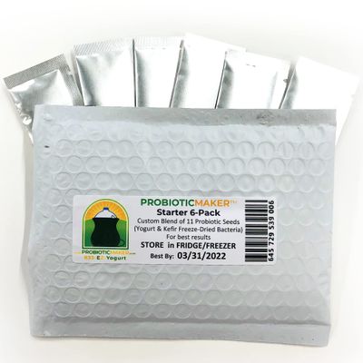 Probiotic Maker 6-Pack Kefir & Yogurt Starter Seeds- Makes Equivalent of 192 Yogurts, 282 Probiotic Drinks, or 384 Yogurt Tubes! Grow Billions CFU of 11 Different Probiotics. Only 1 Min. Prep