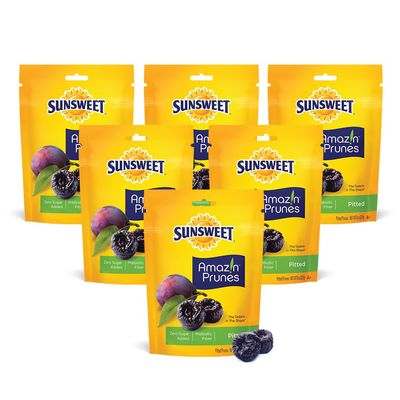 Sunsweet Amazin' Pitted Prunes - Dried Prunes Pitted Unsweetened - Gluten Free, Vegan, Low Fat - Fiber & Minerals - 8 oz Pouches x 6 Pack