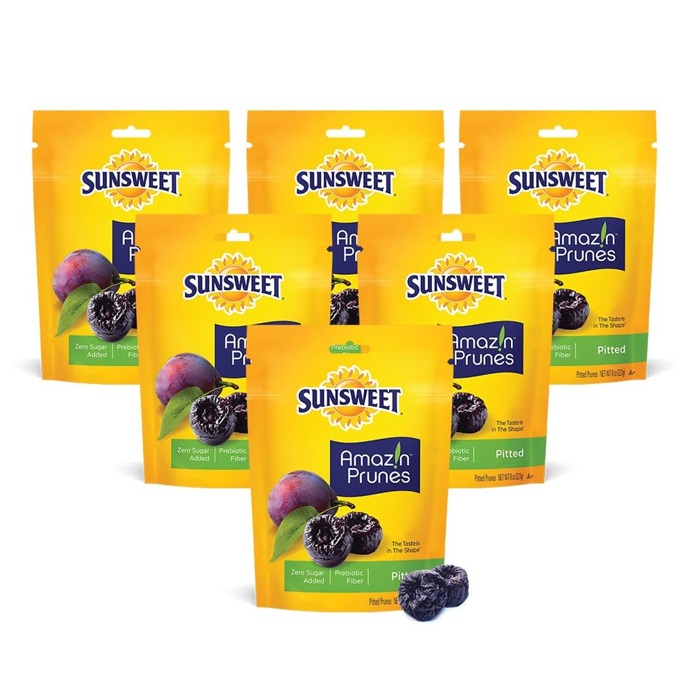 Sunsweet Amazin' Pitted Prunes - Dried Prunes Pitted Unsweetened - Gluten Free, Vegan, Low Fat - Fiber & Minerals - 8 oz Pouches x 6 Pack