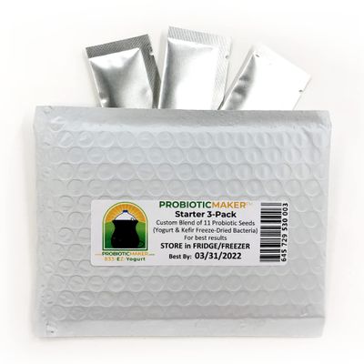 Probiotic Maker 3-Pack Kefir & Yogurt Starter Seeds- Makes Equivalent of 96 Yogurts, 141 Probiotic Drinks, or 192 Yogurt Tubes! Grow Billions CFU of 11 Different Probiotics. Only 1 Min. Prep