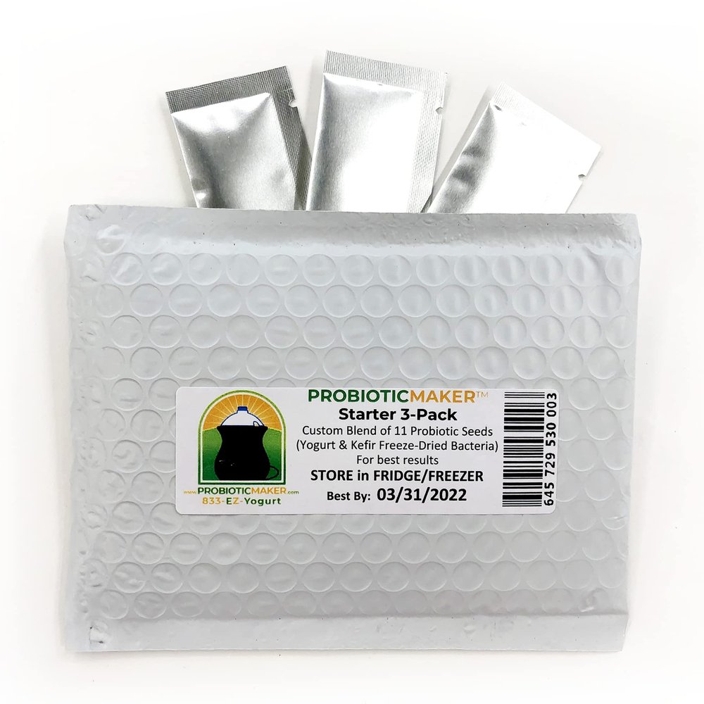 Probiotic Maker 3-Pack Kefir & Yogurt Starter Seeds- Makes Equivalent of 96 Yogurts, 141 Probiotic Drinks, or 192 Yogurt Tubes! Grow Billions CFU of 11 Different Probiotics. Only 1 Min. Prep