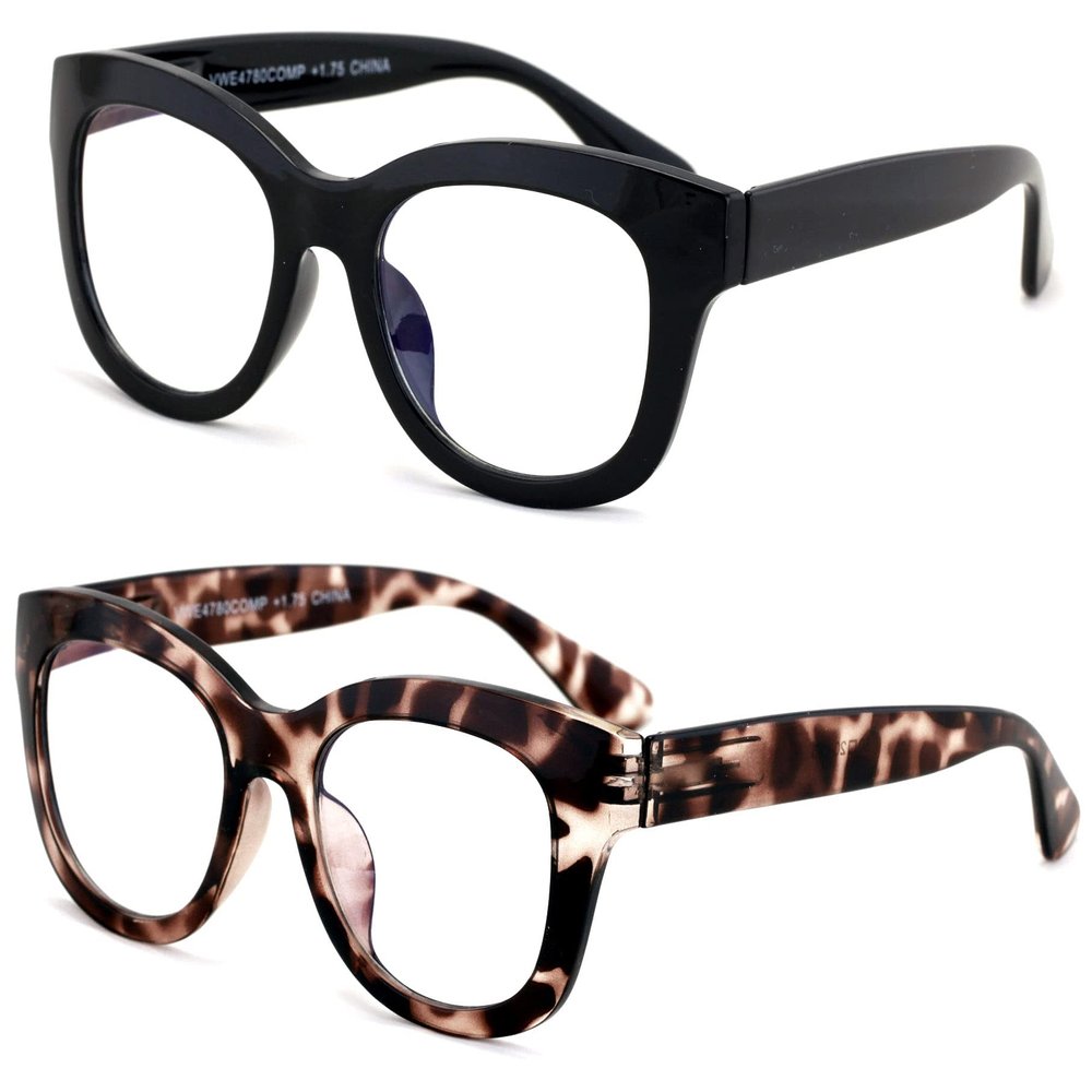 V.W.E. 2 Pairs Women Reading Glasses Blue Light Blocking, UV Ray Glare Computer Readers Bold Round (1 Black 1 Brown, 0.00)