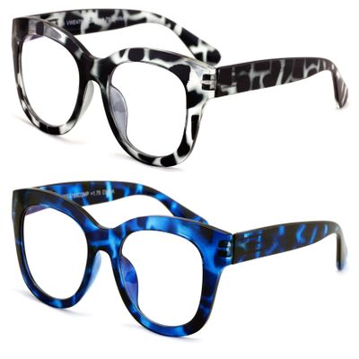 V.W.E. 2 Pairs Women Reading Glasses Blue Light Blocking, UV Ray Glare Computer Readers Bold Round (1 Grey 1 Blue, 2.50)