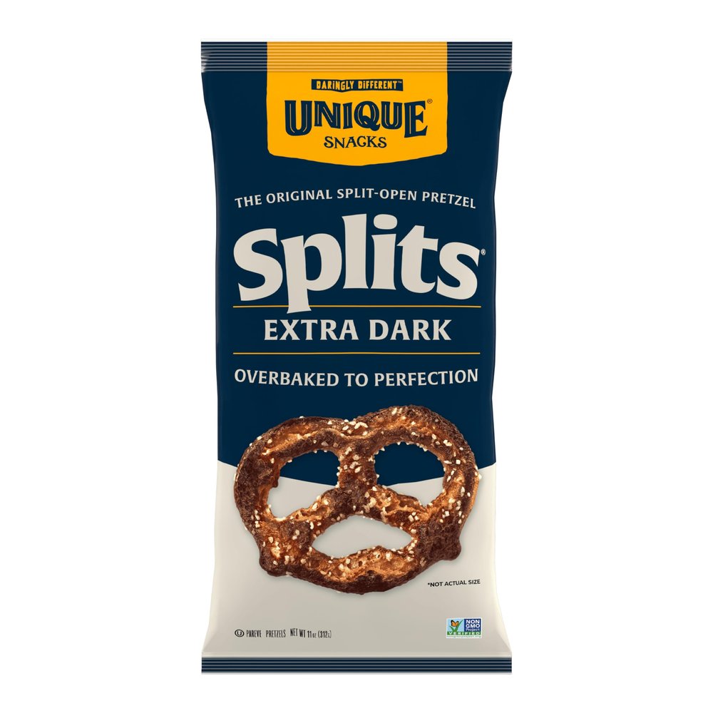 Unique Snacks Extra Dark Splits Pretzels, Original Split-Open Pretzels, Delicious Homestyle Baked Snack Bag, Vegan, OU Kosher, and Non-GMO Food, No Artificial Flavor, 11 Oz. Bag, Pack of 9
