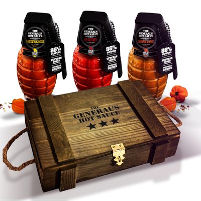 The Generals Ammo Crate Hot Sauce Gift Set - Gourmet Hot Sauce Variety with Cayenne & Habanero - All-Natural, Spicy Sauce Collection - American Grown, Veteran-Owned 3-Pack (6oz Bottles)