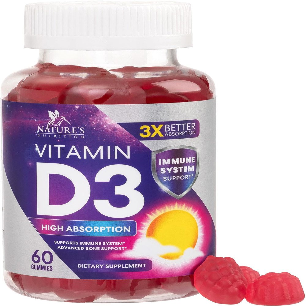 Vitamin D3 Supplement 5000 IU - High Potency D 3 Vitamin Gummy (125 mcg) - Supports Bone, Teeth, Muscle & Immune Health - Nature's Non-GMO & Gluten Free for Women & Men - Berry Flavor - 60 Gummies
