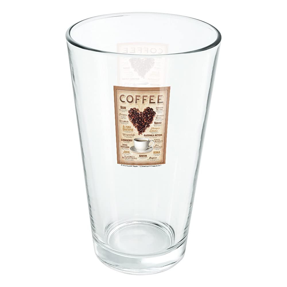 LOGOVISION Coffee From Around The World Love Beans 16 oz Pint Glass, Tempered Glass, Printed Design & A Perfect Fan Gift | Great for Cold Beverages, Soda, Water