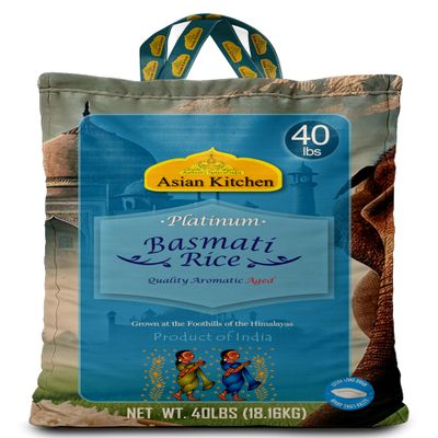 Asian Kitchen Platinum White Basmati Rice Extra Long Aged 40lbs (18.18kg) ~ All Natural | Gluten Friendly | Vegan | Indian Origin | Export Quality