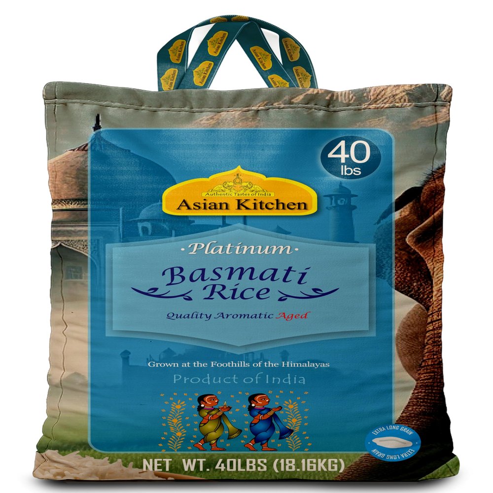 Asian Kitchen Platinum White Basmati Rice Extra Long Aged 40lbs (18.18kg) ~ All Natural | Gluten Friendly | Vegan | Indian Origin | Export Quality