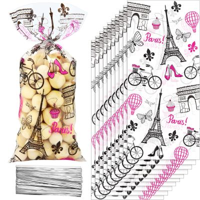 100 Pieces Paris Cellophane Treat Bags, Clear Plastic Pink Eiffel Tower Candy Goodie Bags with 100 Silver Twist Ties for Day in Paris Party Supplies