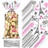 100 Pieces Paris Cellophane Treat Bags, Clear Plastic Pink Eiffel Tower Candy Goodie Bags with 100 Silver Twist Ties for Day in Paris Party Supplies view 1