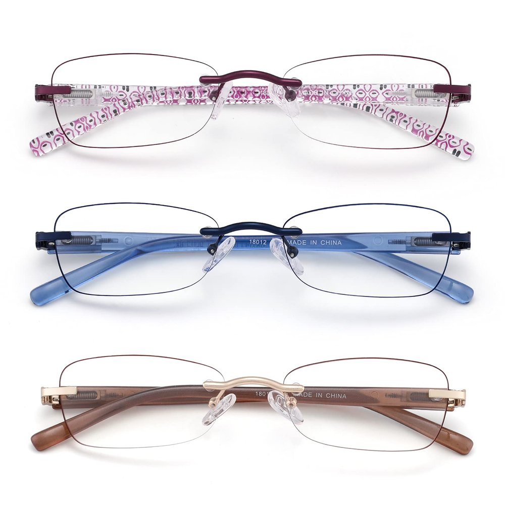 LOVIVY 3 Pack Rimless Reading Glasses for Women Blue Light Blocking Readers Tinted Edge Spring Hinge Pattern Print Arm Eyeglasses Mix 1.25