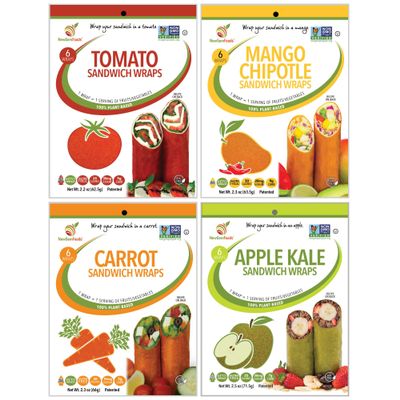 Tomato, Carrot, Apple & Mango Sandwich Wraps (Four-Pack Variety) Vegan, Gluten-Free, Low-Carb, Plant-Based Tortilla Alternatives Non-GMO, Paleo-Friendly