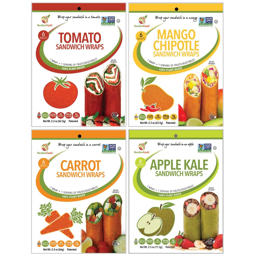 Tomato, Carrot, Apple & Mango Sandwich Wraps (Four-Pack Variety) Vegan, Gluten-Free, Low-Carb, Plant-Based Tortilla Alternatives Non-GMO, Paleo-Friendly
