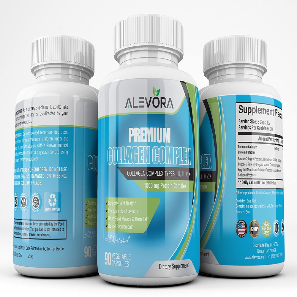 alevora Premium Collagen Complex,Type I,II,III,V,X,Grass Fed,Non-GMO,Perfect Dietary Supplement,90 Vegetable Capsules