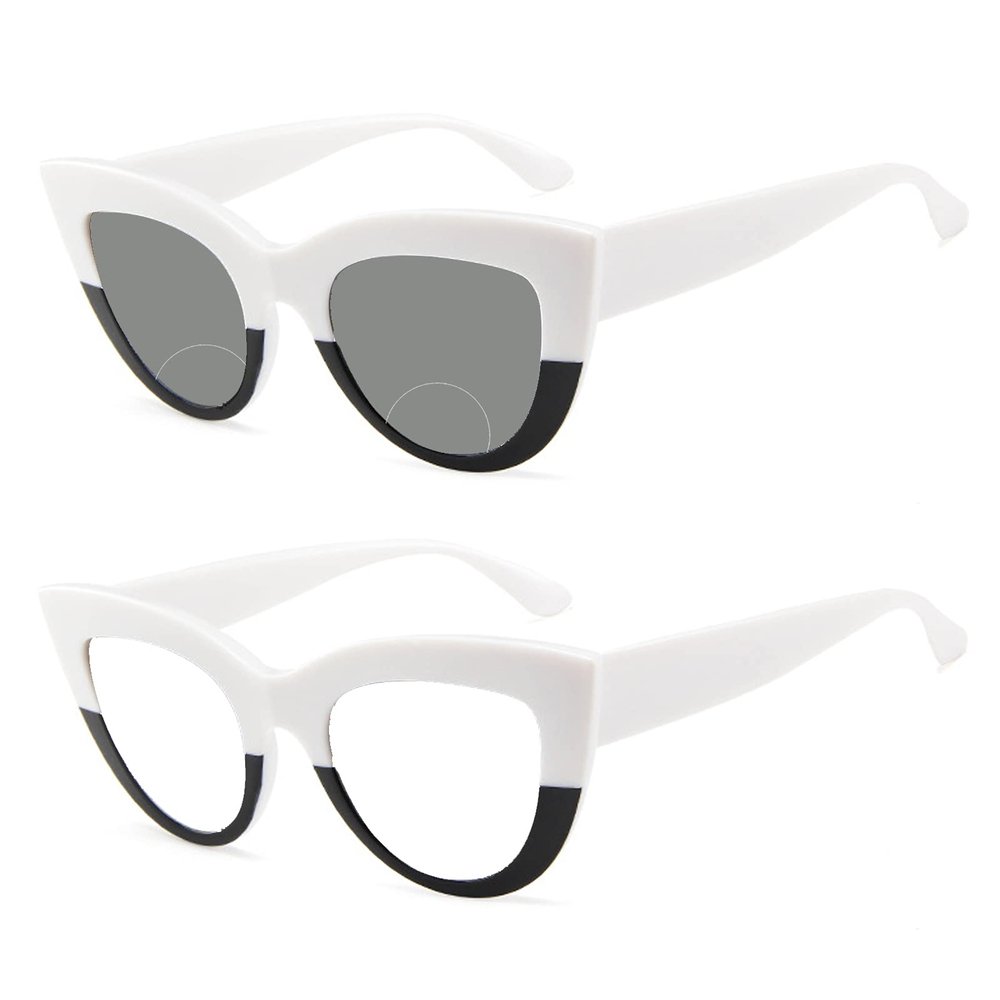 Cat Eye Bifocal Photochromic Reading Glasses with Magnification - Magnifying Computer Reading Glasses for Women (black white, 300)