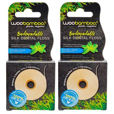 WooBamboo! All Natural Silk Dental Floss, Zero Waste, 66 feet of Mint-Flavored Floss (Pack of 2)
