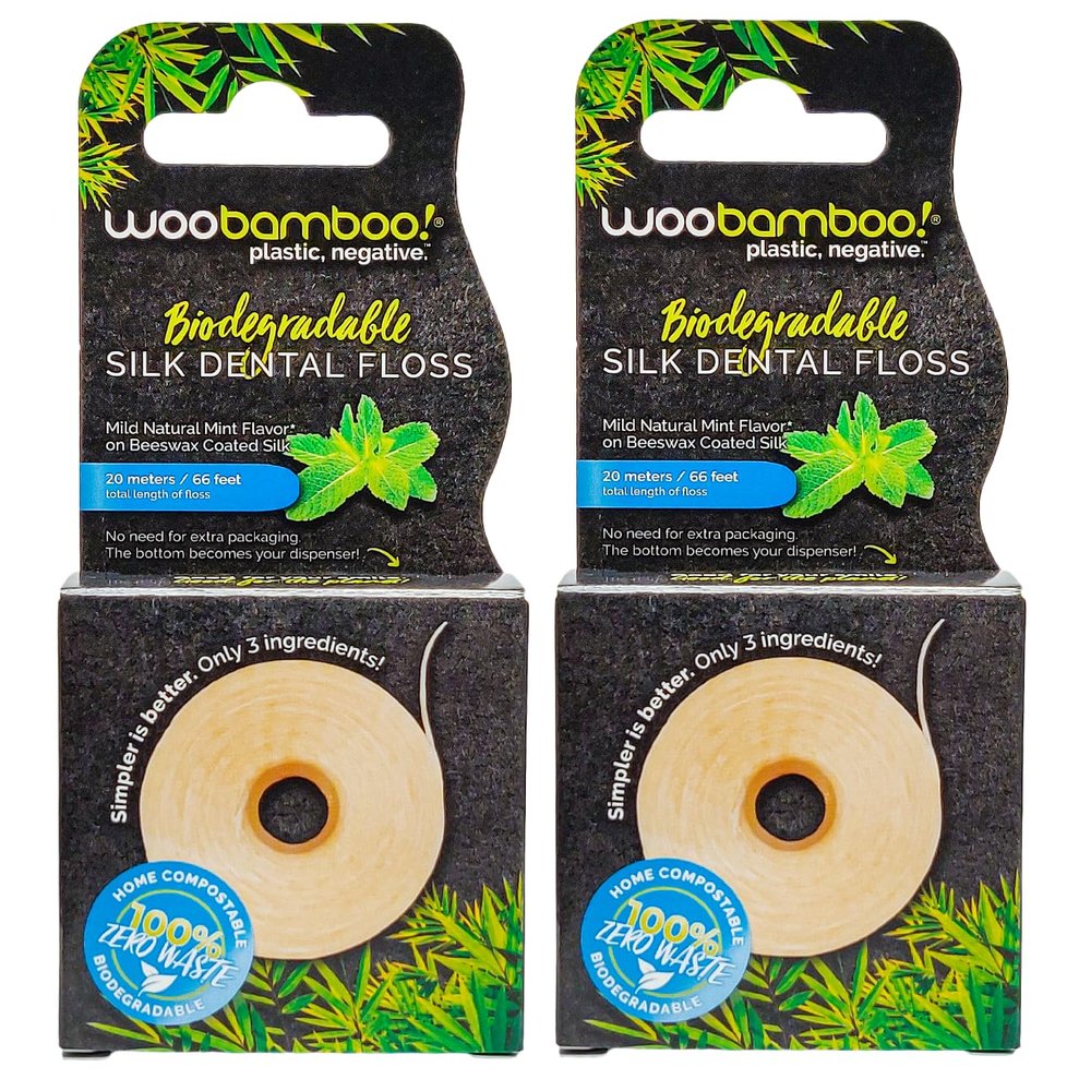 WooBamboo! All Natural Silk Dental Floss, Zero Waste, 66 feet of Mint-Flavored Floss (Pack of 2)