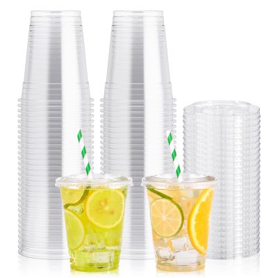 [100 Pack] 12 oz Clear Plastic Cups with Flat Slotted Lids, Disposable Drinking Party Cups for Iced Cold Drinks Coffee Tea Smoothie Bubble Boba