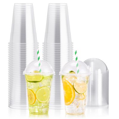 100 PACK 16 oz Clear Plastic Cups with Dome Lids, Disposable Dessert Cups, Parfait Cup for Ice Cream, Iced Cold Coffee Drinks, Cupcake, Fruit for Party