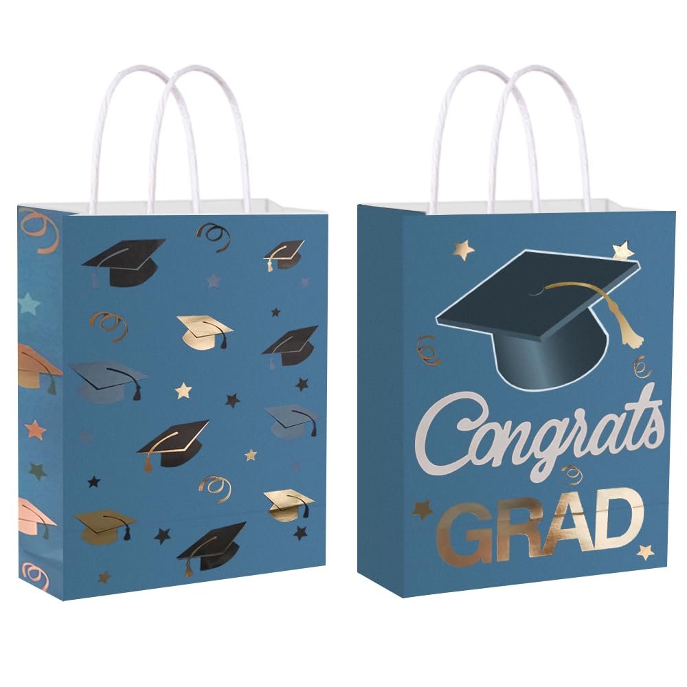 12 Pieces Graduate Gift Bags, Graduation Party Favor Gifts Wrapping Bags for Graduation Season Theme Party Supplies Decoration (Blue Gold)