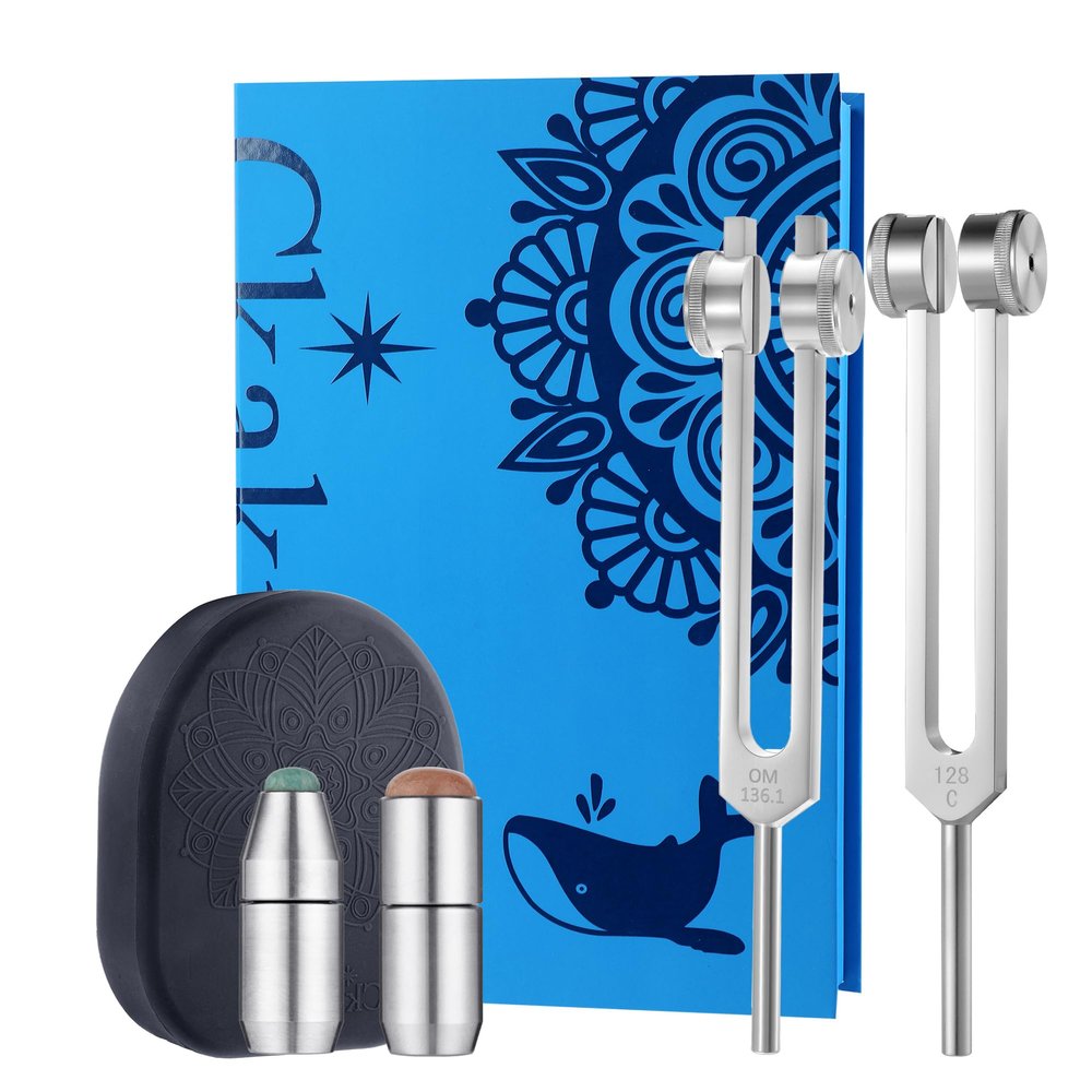 Ckakra Weighted Tuning Forks Set with Genuine Gemstone Base, Complete Set for Effective Sound Therapy,Gem-Feet for Deeper Resonance & Enhanced Vibration,Odorless Silicone Activator,OM136.1+OTTO128
