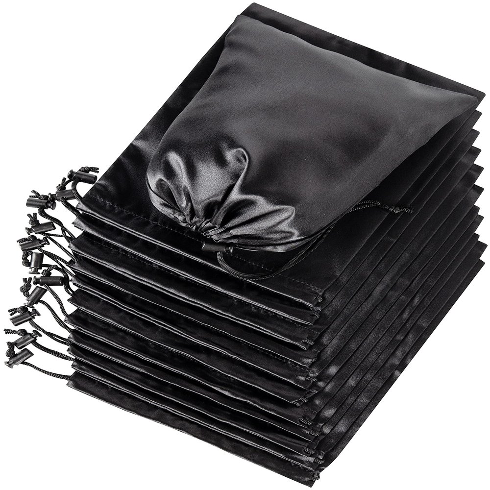 PALTERWEAR Smooth Satin Bags with Drawstring and Toggle for Delicate Items - Lingerie, Wigs, Shoes, Silk (Black, 7 x 9 inches)