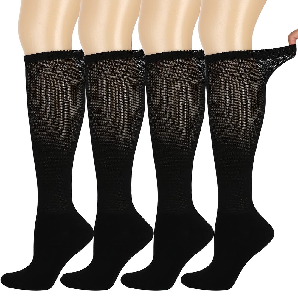 Athlemo Diabetic Socks for Men & Women, No-Binding Knee High 4 Pairs, Cushioned Sole & Seamless Toe, Soft Breathable Extra Wide