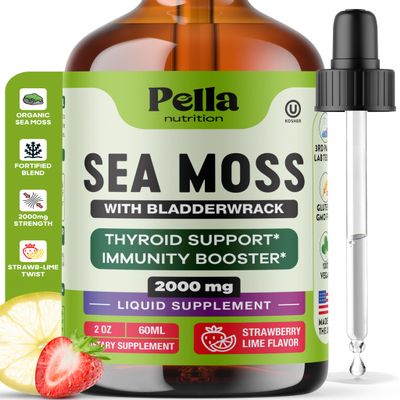 Pella Nutrition Sea Moss Drops with Bladderwrack 4X Faster Absorption Than Irish Sea Moss Gel Superfood, Gummies, and Capsules Digestive & Immune Support Supplement (Strawberry Lime, 60mL)